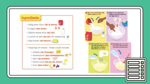Colourful step by step ingredients and instructions for making crepes.