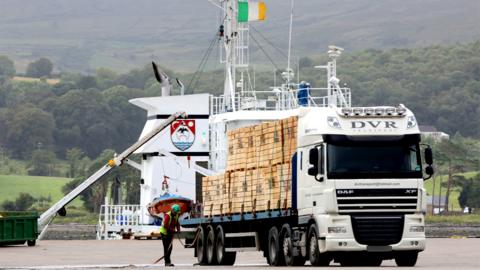 A truck is loaded at Warrenpoint Port in Newry, Northern Ireland on the border with the Ireland