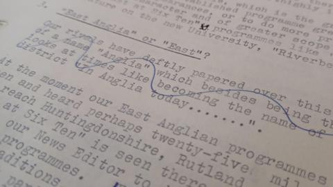 鶹Լ Archive documents, showing black words typed onto white paper with the main headline "East Anglia or East"