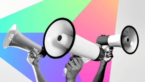 Three hands are shown at the bottom of the graphic holding megaphones. They are set against a geometric design showing a multi-coloured triangle design