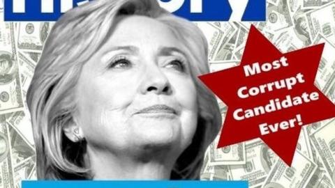 Tweet with picture of Hillary Clinton and $100 bills as background and the message "Most corrupt candidate ever" on a form resembling the Star of David