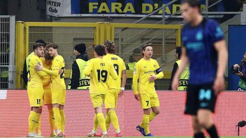 Bodo players celebrate scoring against Inter Milan