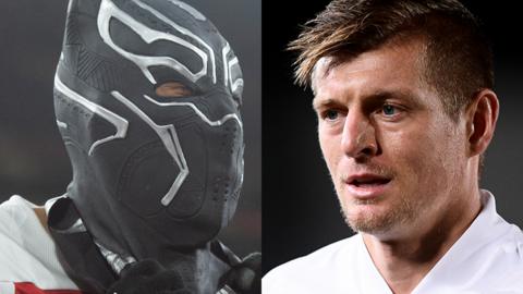 Split screen. Left: Pierre-Emerick Aubameyang wearing mask. Right: Toni Kroos