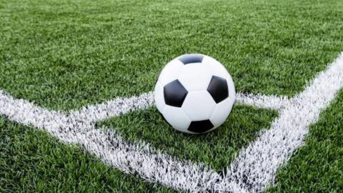 Stock image of a football on a synthetic pitch