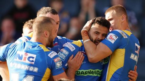 Leeds Rhinos celebrate Rhyse Martin's try