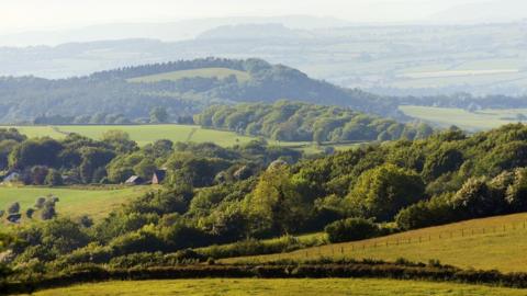 A landscape photograph of the Forest of Dean showing various hill ridges, some of them forested, on a sunny day