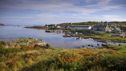Aringour Harbour, Coll, on a sunny day. The harbour is small and the shore lined with a line of white-walled cottages and a larger terraced houses. The surrounding landscape is grassy, rocky low-lying land. The sea is flat calm.