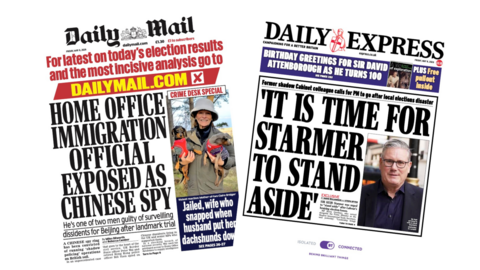 The headline on the front page of the Daily Mail reads: “Home Office immigration official exposed as Chinese spy”. The headline on the front page of the Daily Express reads: “It is time for Starmer to stand aside”.
