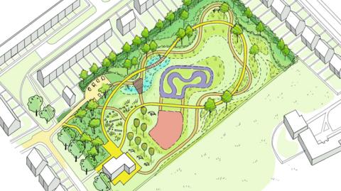 An artist's impression of the proposed development. The colourful drawing shows an aerial view of the park surrounded by houses. It features paths, trees, grassy areas, a pond and a skate park.