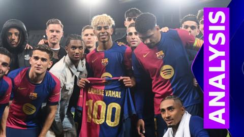 Lamine Yamal celebrates his 100th performance for Barcelona