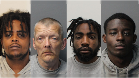 Composite of four mugshots from left to right: Mahdi Mumin, Philip Jones, Khalfani Sinclair and Christian Braimah.