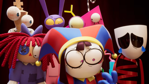 A screenshot showing the computer animated cartoon character main cast of The Amazing Digital Circus. They include a jester character, a ragdoll with red hair and a button for an eye, a king chess piece with a pair of large eyeballs, a purple character with rabbit eyes, and a pink triangle with eyes and protruding limbs.