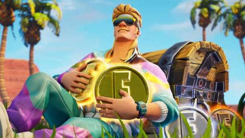 A promotional image for the Fortnite video game, showing a participant in a tracksuit holding the in-game currency of V-Bucks