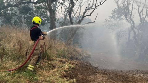 A firefighter using a hose to tackle a moor fire.