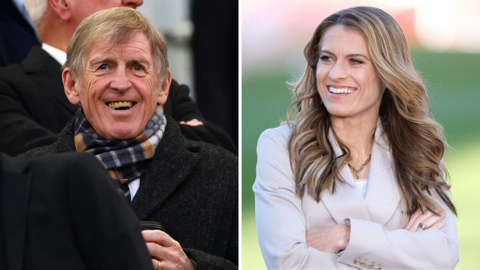 Split image of a smiling Kenny Dalglish (left), wearing a dark coat and patterned scarf, and Karen Carney (right), wearing a grey blazer with long brown hair worn down and arms folded