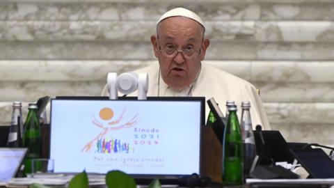 Pope Francis speaks during the conclusion of the Synod of bishops in the Hall Paul VI, Vatican City