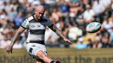 Hull FC full-back Zak Hardaker kicking for goal.