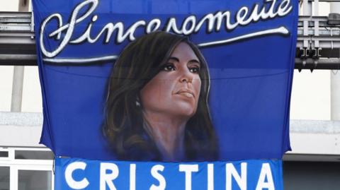 A banner depicting Argentina's Vice President Cristina Fernandez de Kirchner hangs inside the Diego Maradona stadium, where Fernandez de Kirchner will attend a party rally, in La Plata, on the outskirts of Buenos Aires, Argentina November 17, 2022.