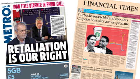 A composite image featuring the front pages of the Metro and Financial Times newspapers