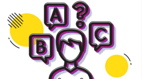 Cartoon silhouette of a male with a fringed haircut. Above him are the letters 'a' 'b' and 'c' in speech bubbles with a question mark. There are also yellow dots at the top left and bottom right of the image