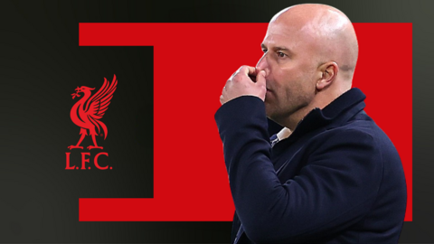 Arne Slot looks dismayed in front of a red background and a Liverpool crest