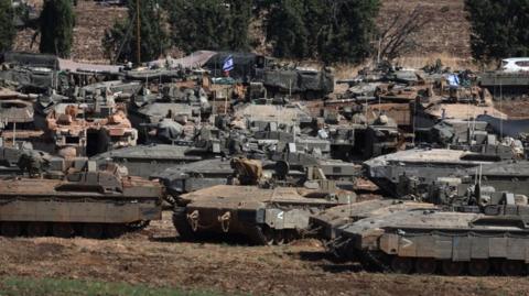 Israeli tanks at Lebanon border on Monday