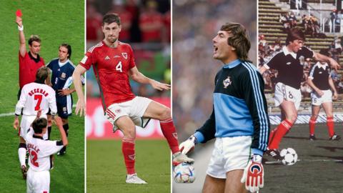 Split image of football players from England (left), Wales (middle left), Scotland (middle right) and Northern Ireland (right)