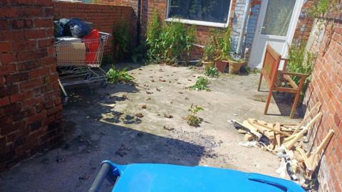 Several mounds of dog faeces in a concreted back yard. A shopping trolley filled with rubbish bags is on the left-hand side with some wooden strips on the ground on the opposite side. Several weeds are overgrown, stretching up to a window.