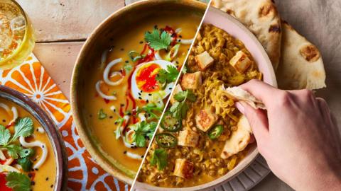 Roasted squash, coconut and miso soup, and Creamy coconut lentil curry with crispy halloumi