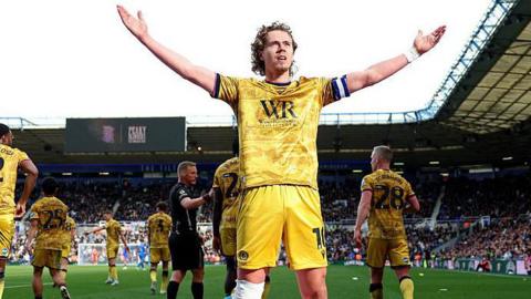 Todd Cantwell celebrates his goal at Birmingham