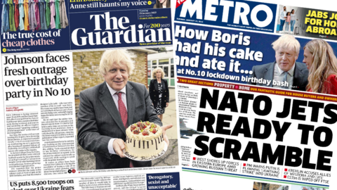 Front page of the Guardian and the Metro