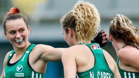 Niamh Carey of Ireland celebrates scoring against France