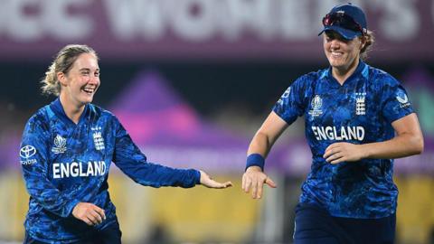 England's Alice Capsey (left) celebrates a wicket with Nat Sciver-Brunt