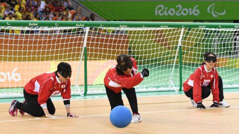 The Chinese women's goalball team in action