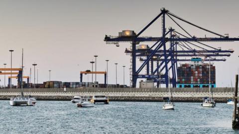 Cranes at the Port of Walvis Bay, operated by the Namibian Ports Authority, in Walvis Bay, Namibia 2 May 2024