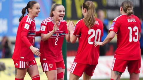 Wales women in red football kits celebrating a goal. There are four players.