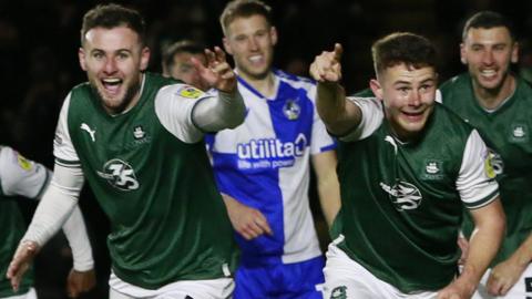 Plymouth Argyle celebrate their second goal against Bristol Rovers