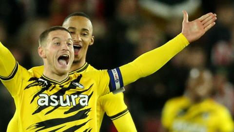 Ben Wiles celebrates his goal for Rotherham against Sheffield United