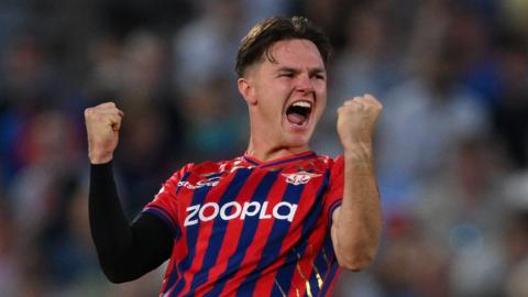 Manchester Super Giants bowler Sonny Baker celebrates taking a wicket