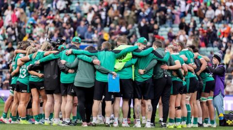 Ireland huddle after the England game at Twickenham