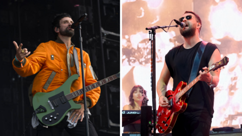 Two pictures split by a central white line. On the left is Serge Pizzorno, of Kasabian, on stage wearing an orange coat and playing a green electric guitar whilst singing into a microphone. On the right is Liam Fray, from the Courteeners, on stage playing a red guitar whilst singing into a microphone.