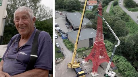 Composite image showing Jean-Claude Fassler on left side, and red replica of Eiffel Tower on right side