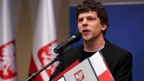 Jesse Eisenberg speaks after Polish President Andrzej Duda granted the actor and filmmaker with Polish citizenship at an event held at the Polish Mission to the United Nations in New York City, U.S., March 4, 2025