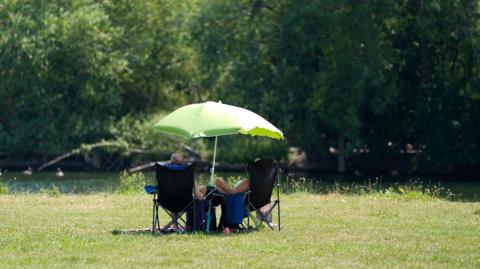 A couple sit under a parasol on a grassy area on a sunny day.