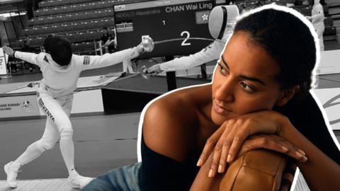 Composite image of Alexandra Ndolo leaning over the back of a chair with her head resting on her hands and a black and white image of her fencing in the background