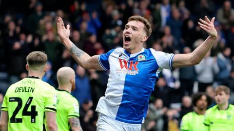 Hayden Carter celebrates scoring for Blackburn against Portsmouth