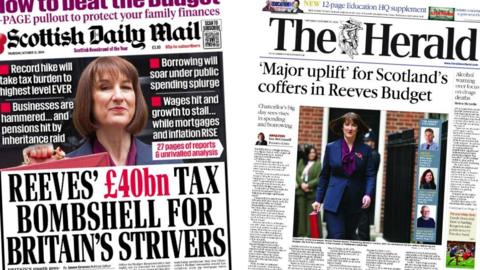 Composite image of the Scottish Daily Mail, headlined 'Reeves' £40nb tax bombshell for Britain's strivers' and the Herald, headlined ''Major uplift' for Scotland's coffers in Reeves budget'