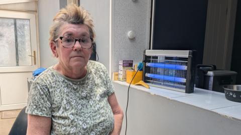 An elderly white woman with gingery, grey hair wearing a green and white patterned short sleeve T-shirt in front of an electronic fly trap on a window sill