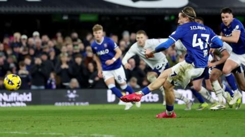 Jack Clarke scores his penalty for Ipswich Town against Preston North End
