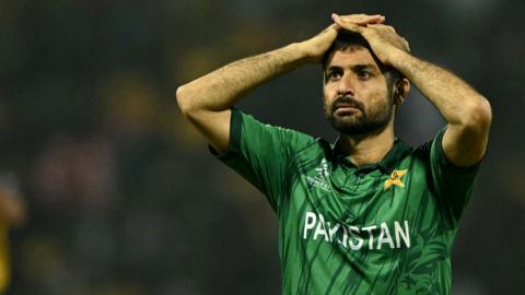 Pakistan's Abrar Ahmed reacts during the 2026 ICC Men's T20 Cricket World Cup Super Eights match between Sri Lanka and Pakistan at the Pallekele International Cricket Stadium in Kandy